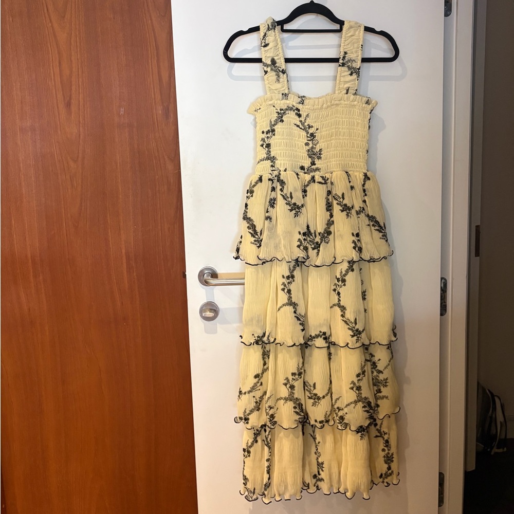 GANNI - Size 34 - Tiered Yellow Floral Ruffle Maxi Dress